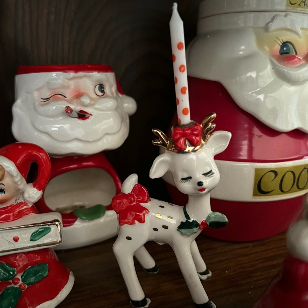 RARE Lefton white and gold holly reindeer candle holder